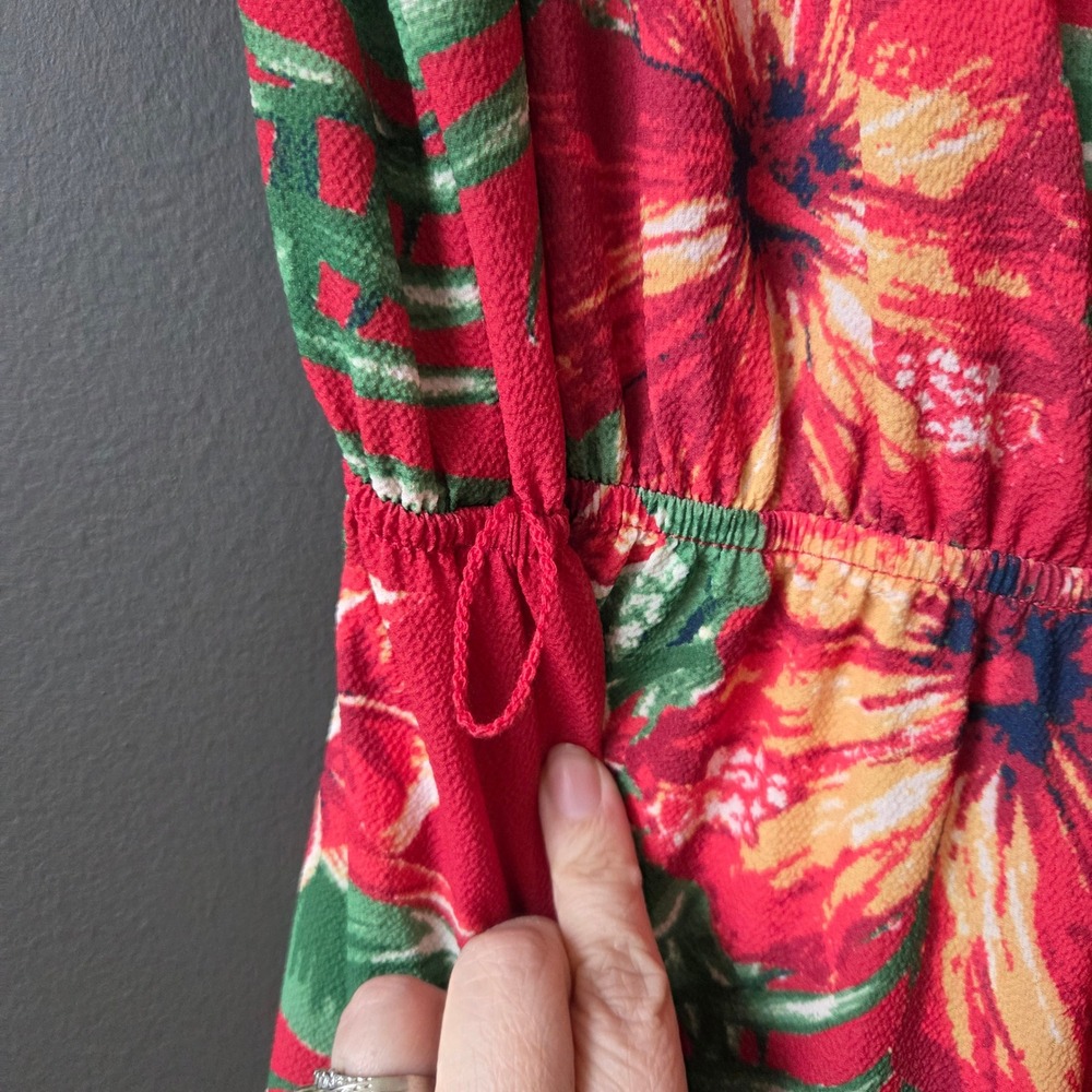 Flying Tomato Red Tropical Floral Wide Leg Jumpsuit V-Neck Boho Medium - Picture 7 of 11